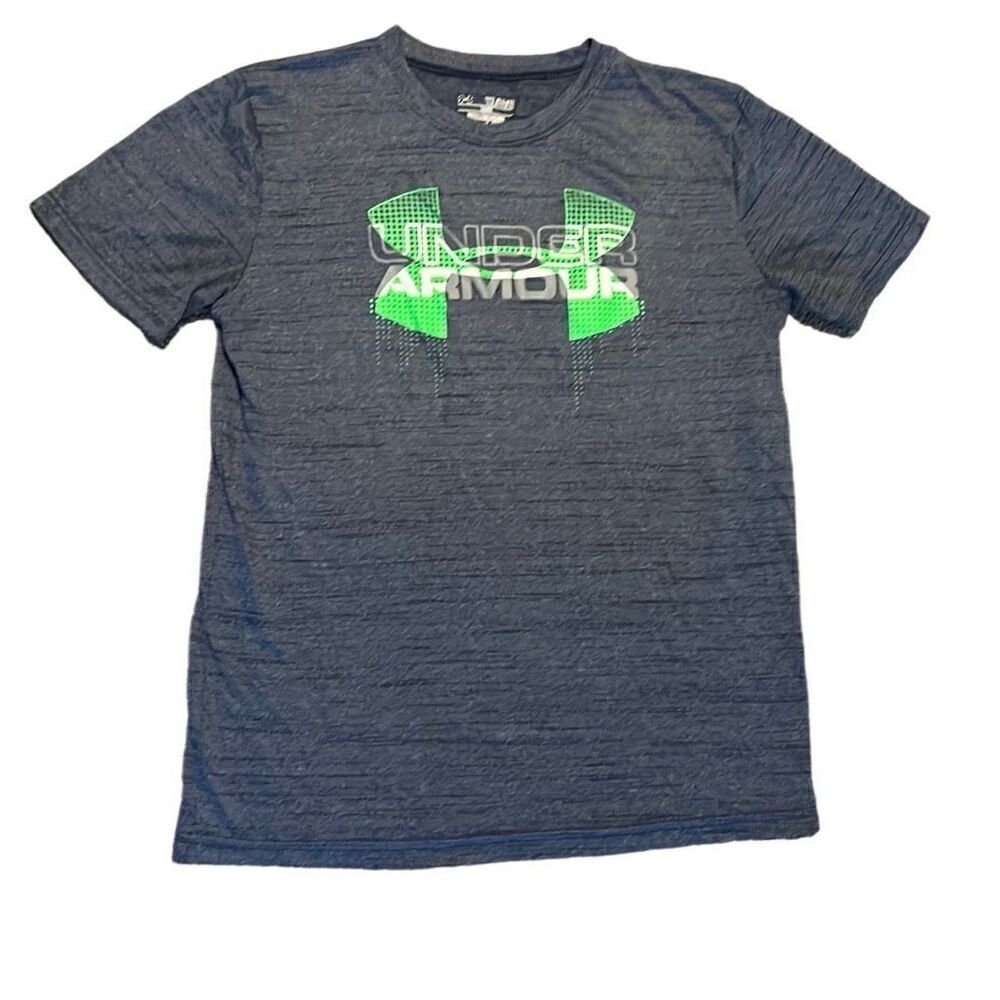 Under Armour Youth YXL Blue Heather Green White Logo Loose Heatgear T-shirt